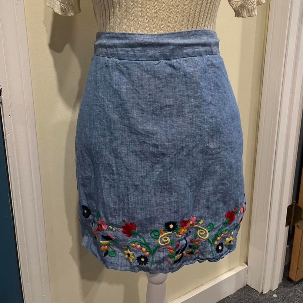 Talbots Floral Linen Denim Skirt with Floral Embroidery size 10P